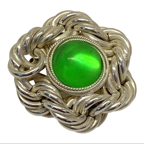 Vintage Laura Vogel silver twist green dome glass round clip earrings - Picture 3 of 7